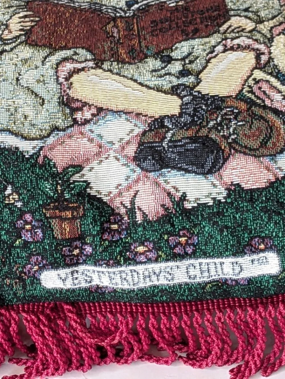 Vintage Tapestry Pillow Boyds Bears Friends Yesterday Chill Red Velvet Fringe